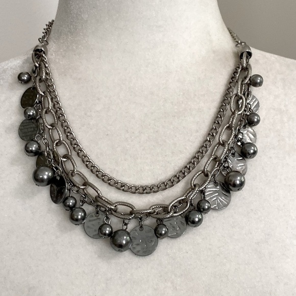 Silver Rocker Rebel Edgy Layered Bead Discs Coins Textured Chain Necklace - Picture 1 of 16
